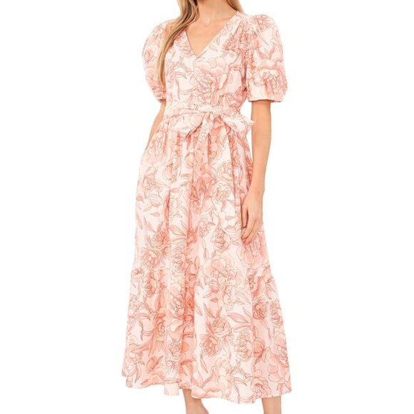 CeCe Linen Floral Peach White Belted Flowy Pink Cream V Neck Maxi Dress - XL - Picture 1 of 9